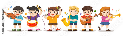 School kids playing musical instruments. Hobbies and interests. Happy Children Performance.