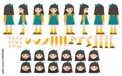 Mascot creation kit of little girl for different poses . Vector constructor with various views, emotions, poses and gestures. Schoolgirl character creation set.