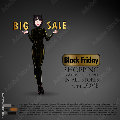 Sexy woman in black latex suit with cat ears hold hands up. Black friday background, for discounts or sales at stores.