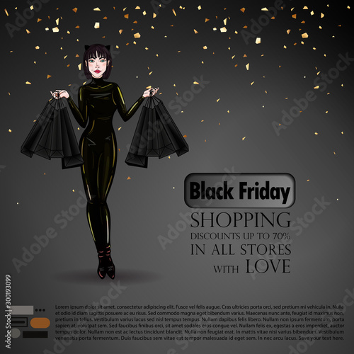Sexy woman in black latex suit with cat ears hold paper bags. Black friday background, for discounts or sales at stores.