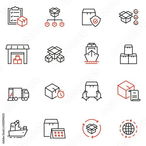 Vector set of linear icons related to order, collect, delivery and receipt of goods. Mono line pictograms and infographics design elements