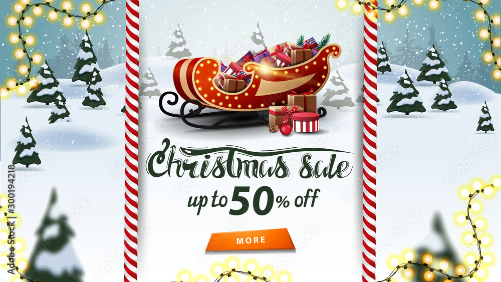 Christmas sale, up to 50% off, beautiful discount banner with Santa Sleigh with presents and cartoon winter landscape on background