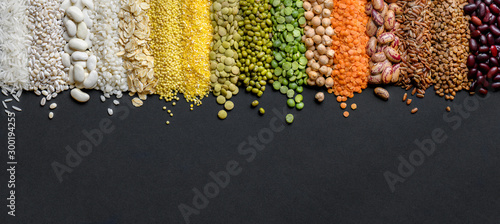 Cereals and legumes food Panoramic background in high resolution.