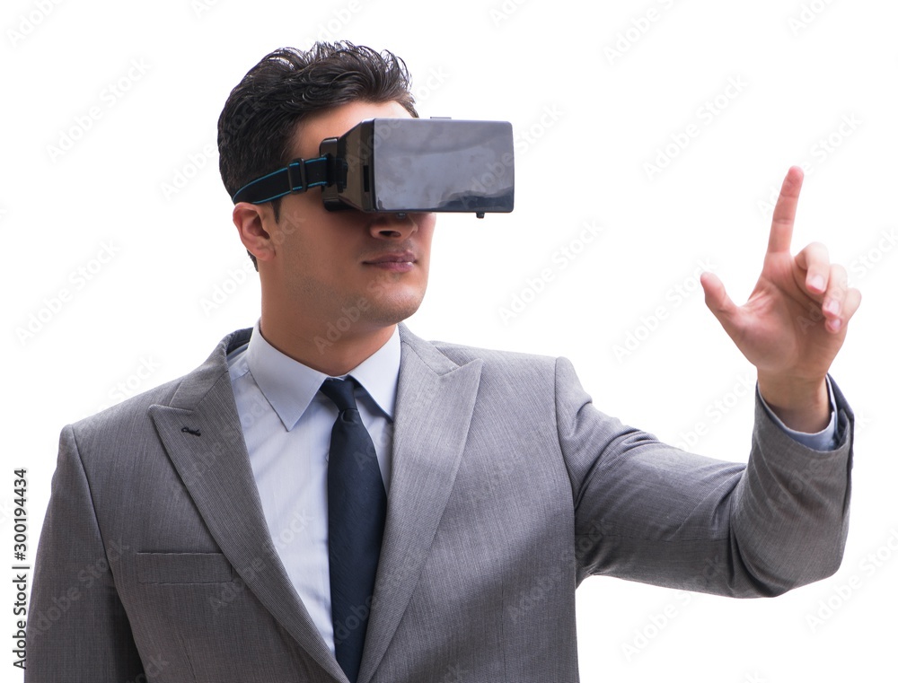 Businessman wearing virtual reality VR glasses isolated on white Businessman wearing virtual reality VR glasses isolated on white