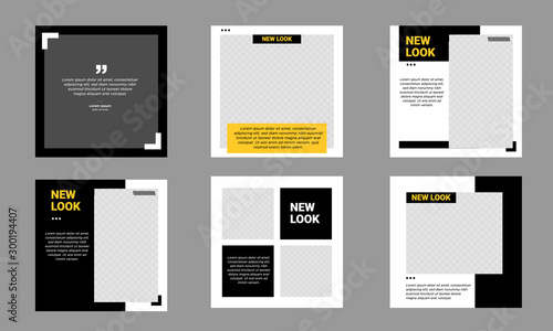 Set of Editable minimal square banner template. Black and yellow background color with stripe line shape. Suitable for social media post and web internet ads. Vector illustration with photo college