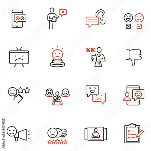 Vector set of linear icons related to negative reaction, opinion, review, antipathy and cancellation. Mono line pictograms and infographics design elements