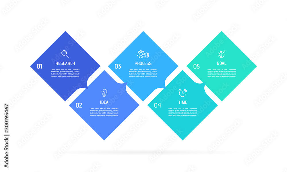 Business process infographic template. Colorful rectangular elements with numbers 5 options or steps. Vector illustration graphic design Business process infographic template. Colorful rectangular elements with numbers 5 options or steps. Vector illustration graphic design