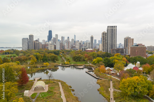 Chicago downtown buildings skyline fall foliage aerial drone