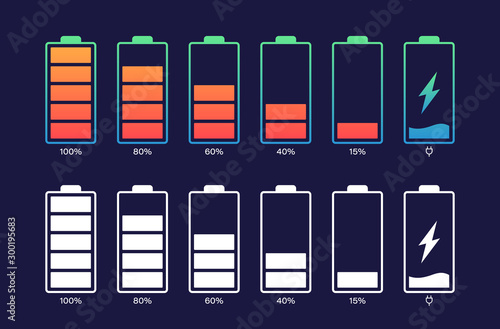 Set battery with different level of charge. Car battery indicator, battery charge signs. Wireless charging energy sign. Vector graphic design