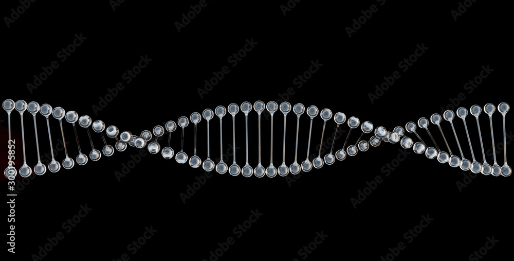 DNA chain spiral in diamond like transparent material, isolated on black background, concept of genetic engineering, research, 3d rendering, 3d illustration