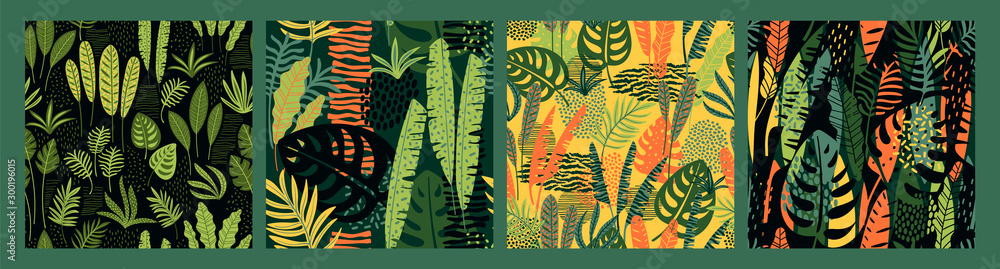 Fototapeta Abstrakcjonistyczni bezszwowi wzory z tropikalnymi liśćmi. Ręcznie rysować teksturę.