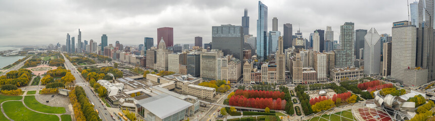 Chicago downtown buildings skyline fall foliage aerial drone