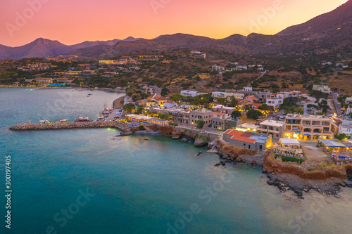 Fototapeta Naklejka Na Ścianę i Meble -  Spinalonga sunset aerial view in Plaka village, Crete, Greece.