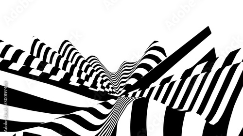 Optical illusion wave. Abstract 3d black and white illusions. Horizontal lines stripes pattern or background with wavy distortion effect. Vector illustration.