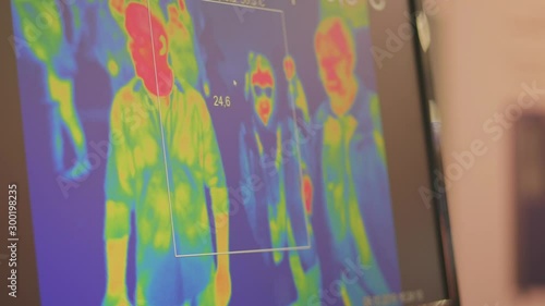 Moving people on display of infrared thermometer heat-sensor camera. Screen of thermal heat sensor with colored silhouettes. Surveillance monitoring inspection concept. Heat radiation of public space