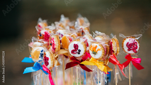 sweet candies with decorations at food market