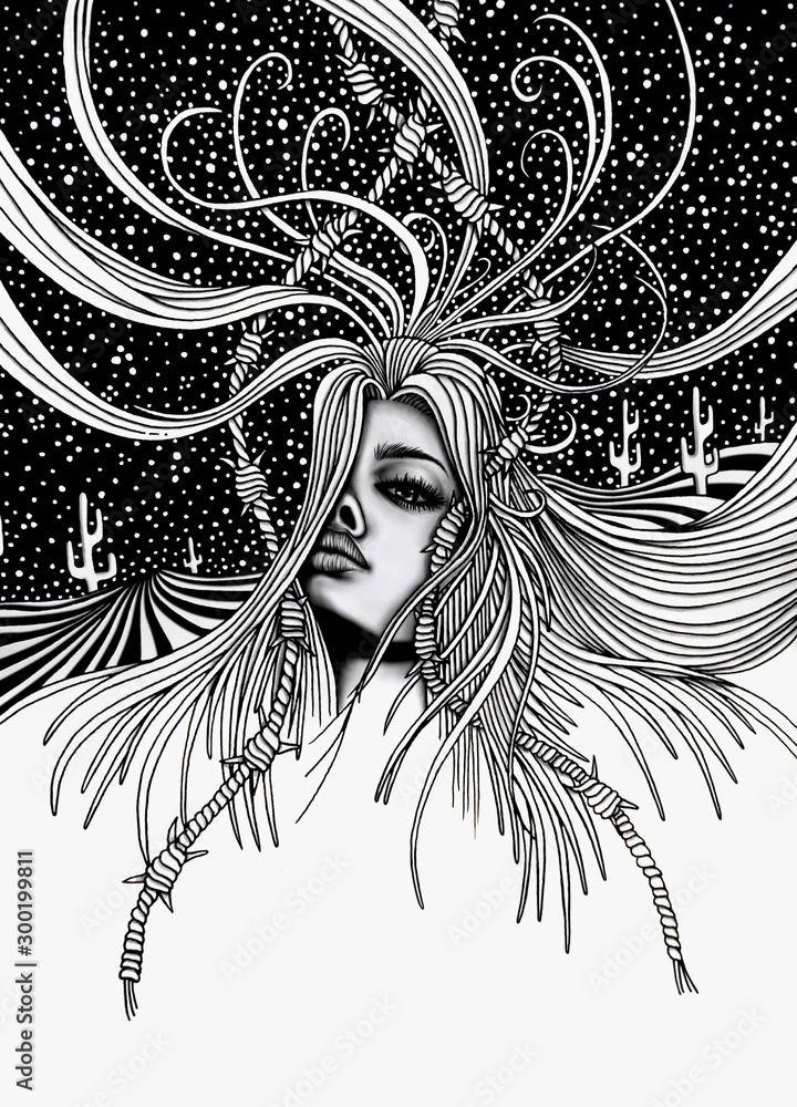 Stock illustrationen Beautiful young woman drawing. Cactus barbed