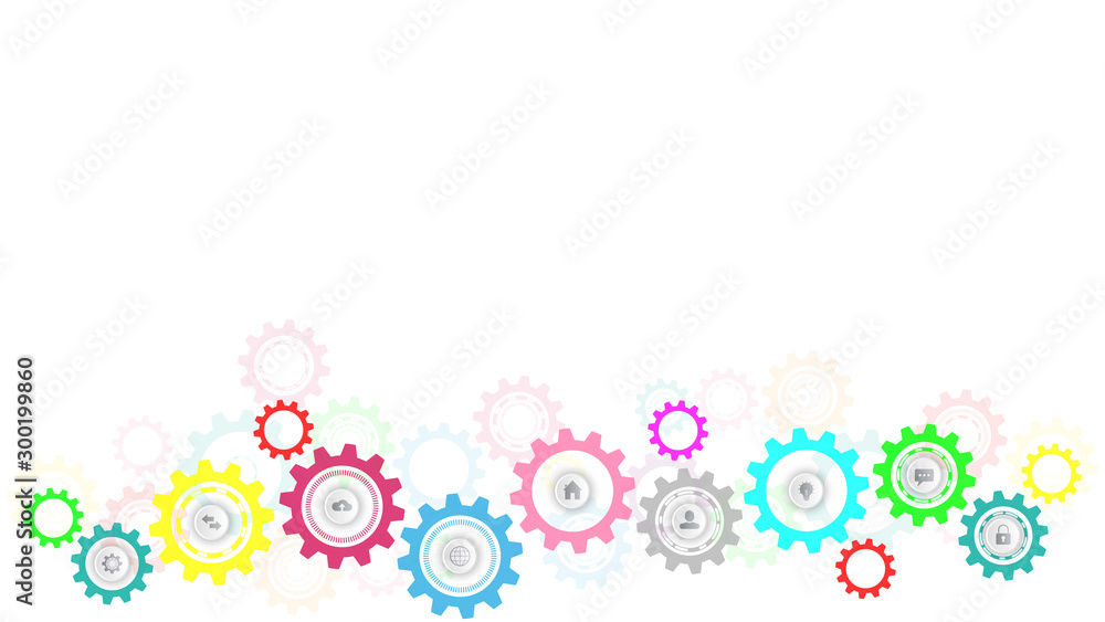 Information technology with infographic elements and flat icons. Cogs and gear wheel mechanisms. Hi-tech digital technology and engineering. Abstract technical background.