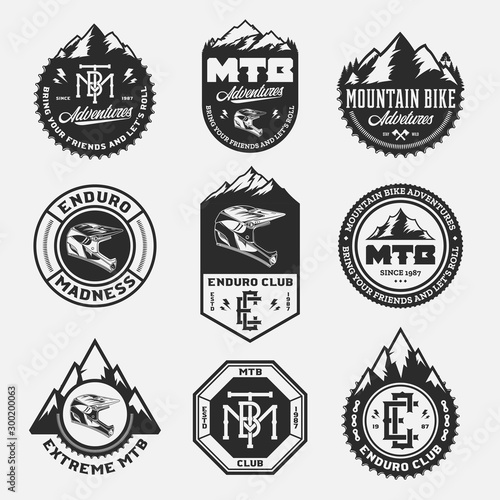 Vector mountain biking adventures, parks, clubs logo, badges and icons. Enduro, downhill, cross country biking illustration