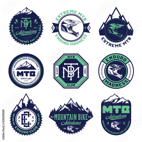 Vector mountain biking adventures, parks, clubs logo, badges and icons. Enduro, downhill, cross  country biking illustration photo