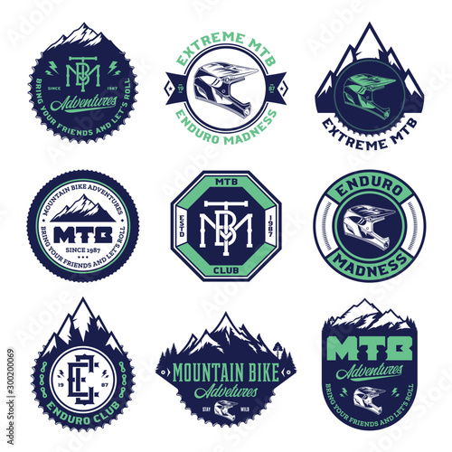 Vector mountain biking adventures, parks, clubs logo, badges and icons. Enduro, downhill, cross  country biking illustration
