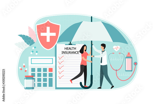 A man and a woman are holding a large umbrella. Family health and life insurance concept. Health insurance plan choice, web, banner. Flat vector illustration isolated on white background.
