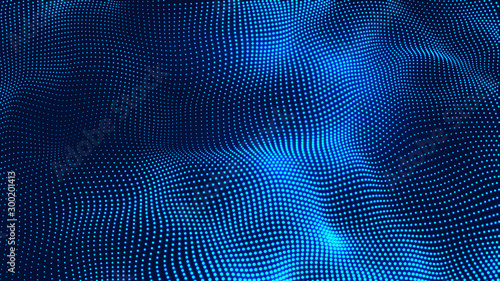 Futuristic blue dots background with a dynamic wave. Digital technology wave. Big data visualization. Vector illustration.