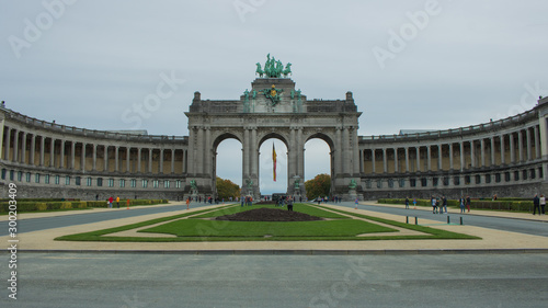 Triumphal arch in the Parc du Cinquantenaire on a cloudy day in October, Brussels, Belgium