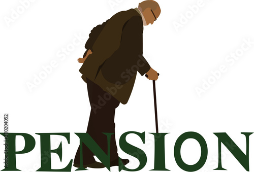 persona anziana curva con bastone scritta pensionato