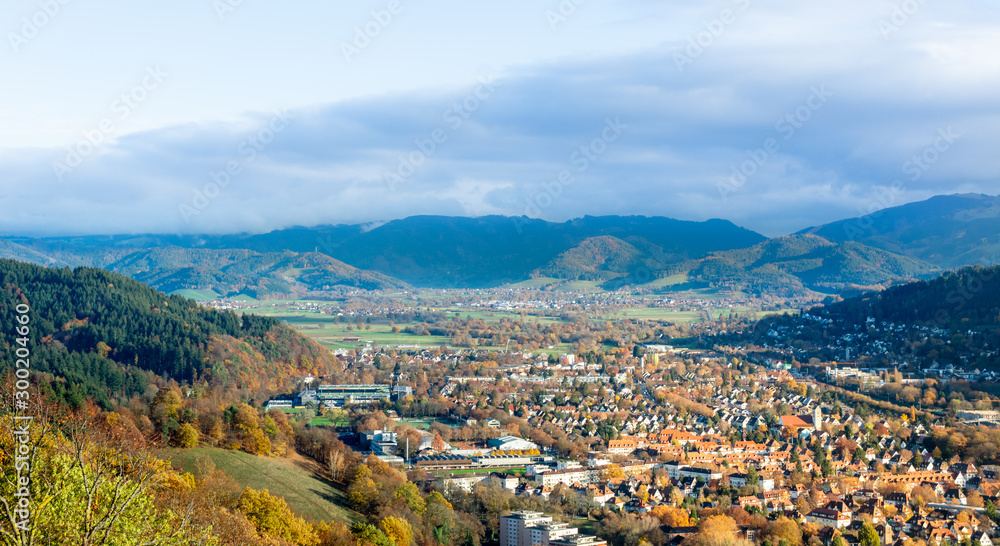 Aerial view landscape periphery of german town Freirburg im Breisgau, from the Schlossberg hill