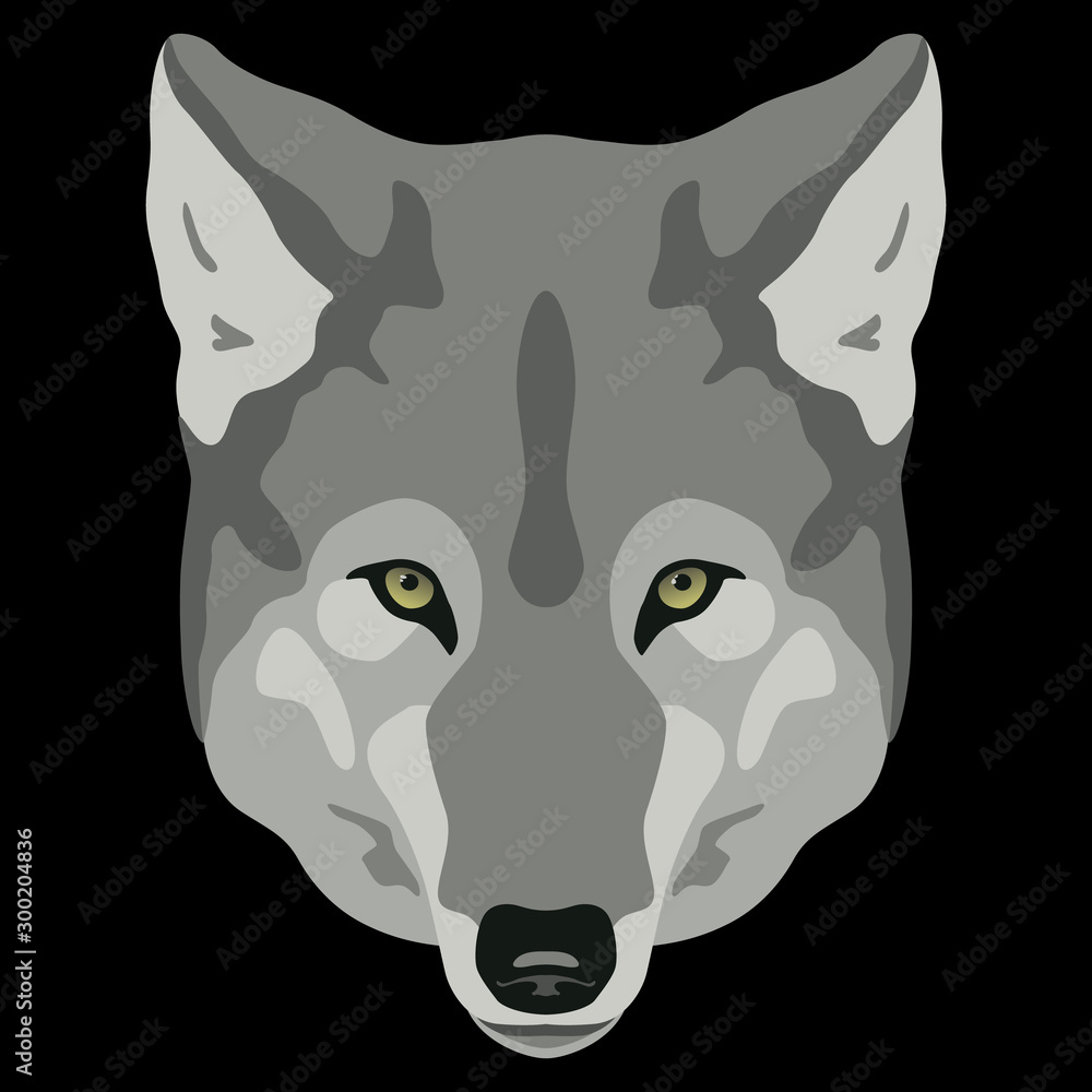 Stylized head of a gray wolf. Animal mask texture. Flat cartoon style. On  black background. Stock Vector | Adobe Stock
