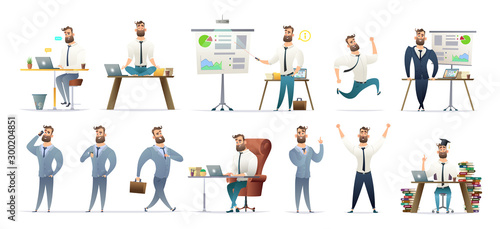  Bearded charming business men in different situations and poses. Manager character design. Businessman collection.