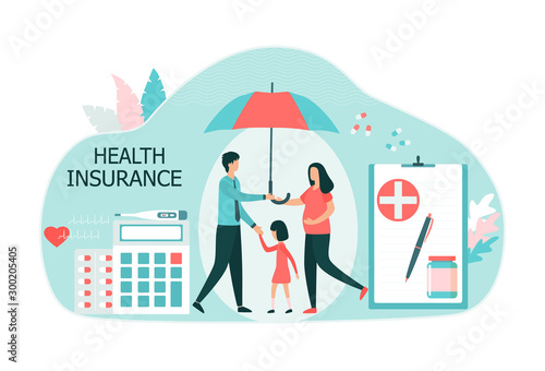 Family health insurance concept. A pregnant woman, a child and a man are protected by an umbrella. Choosing a health insurance plan. Flat vector illustration isolated on white background.