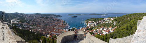 Panoramic view from the Spanish fortress, in the Hvar town. Views of the city and Pakleni Islands (Paklinski). Hvar Island, Dalmatian Region, Adriatic Sea, Croatia. © RaquelGM