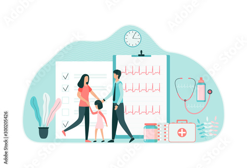 Young married couple with a child chooses a health plan. Family health insurance concept. Treatment, pills, cardiogram, heart. Flat vector illustration isolated on white background.