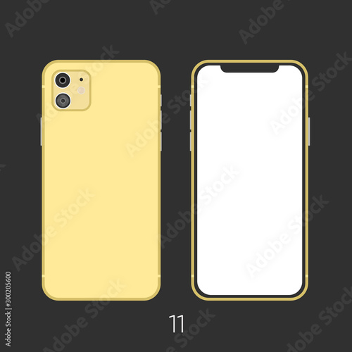 New gold 11 Smartphone mock up frameless blank screen isolated on background. Front and colorful back side. Concept for app, web, presentation, UI 002FUX development.