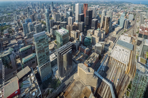 Photography Aerial view of Toronto City Skyscrapers, Looking northeast from top of CN Tower toward East York and Scarborough districts in summer, Union Station at bottom right