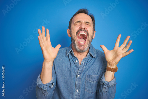 Quadro su tela Handsome middle age senior man with grey hair over isolated blue background celebrating mad and crazy for success with arms raised and closed eyes screaming excited