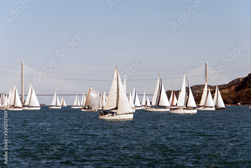 Fototapeta Naklejka Na Ścianę i Meble -  Sailing boats and yachts in Bosporus cup in Istanbul, Turkey