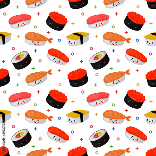 kawaii seamless pattern cute funny sushi and sashimi cartoon style isolated on white background. illustration vector.  