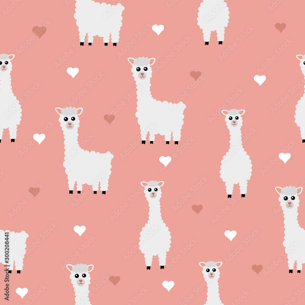 Fototapeta premium seamless patterns cute animals llama or alpaca with heart isolated on pink background. Vector illustration