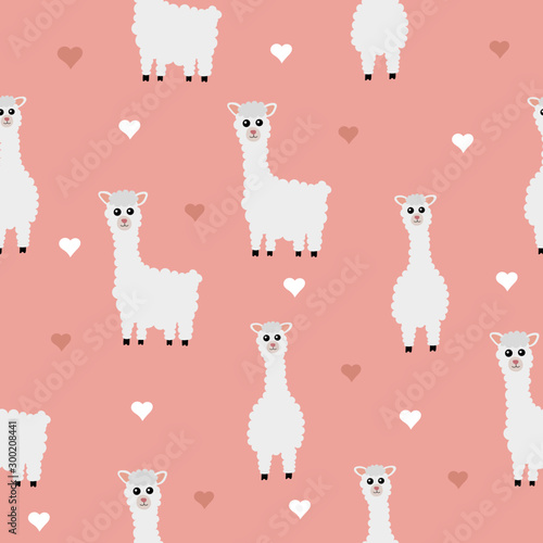 seamless patterns cute animals llama or alpaca with heart isolated on pink background. Vector illustration