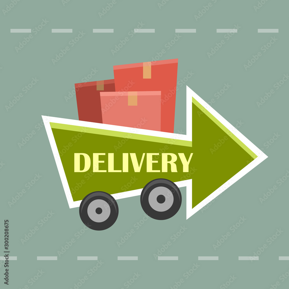 Concept move in relocation arrow forward car truck with boxes on a road, funny cartoon vector illustration clip art Concept move in relocation arrow forward car truck with boxes on a road, funny cartoon vector illustration clip art
