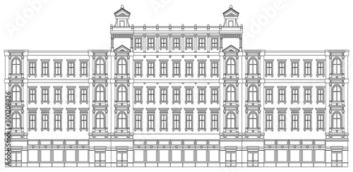 Detail front view house facade building outline contour with shop street panorama, windows, doors and pillars. Vector line art illustration isolated on white