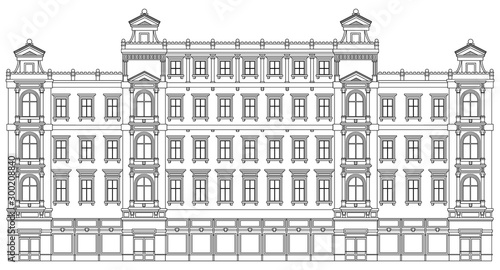 Detail front view house facade building outline contour with shop street panorama, windows, doors and pillars. Vector line art illustration isolated on white