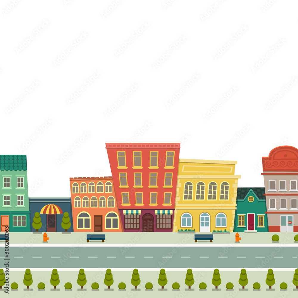 Funny cartoon cityscape street panorama with houses shop road bench hydrant, horizontally vector illustration clip art