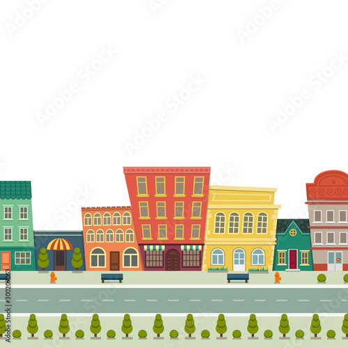 Fototapeta Naklejka Na Ścianę i Meble -  Funny cartoon cityscape street panorama with houses shop road bench hydrant, horizontally vector illustration clip art