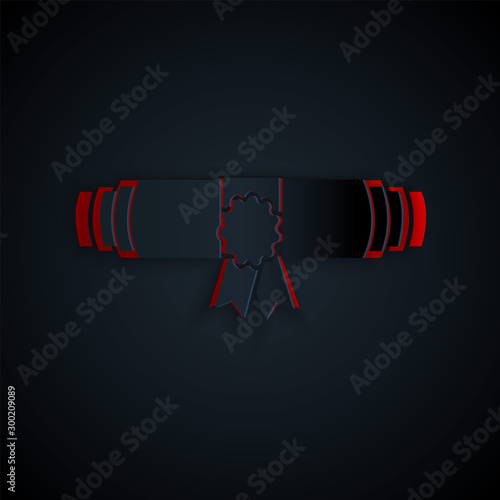 Paper cut Diploma rolled scroll with stamp and ribbon icon isolated on black background. Paper scroll with wax seal. Business certificate. Paper art style. Vector Illustration
