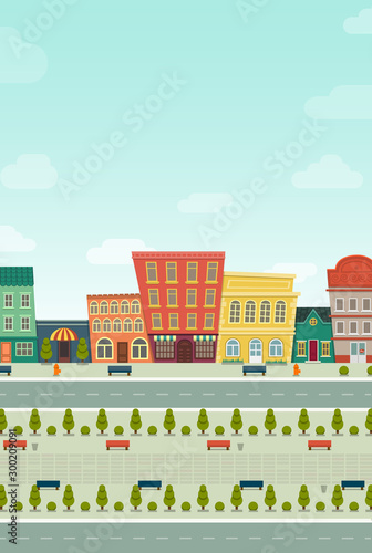 Funny cartoon cityscape street panorama with houses shop road bench hydrant  horizontally vector illustration clip art