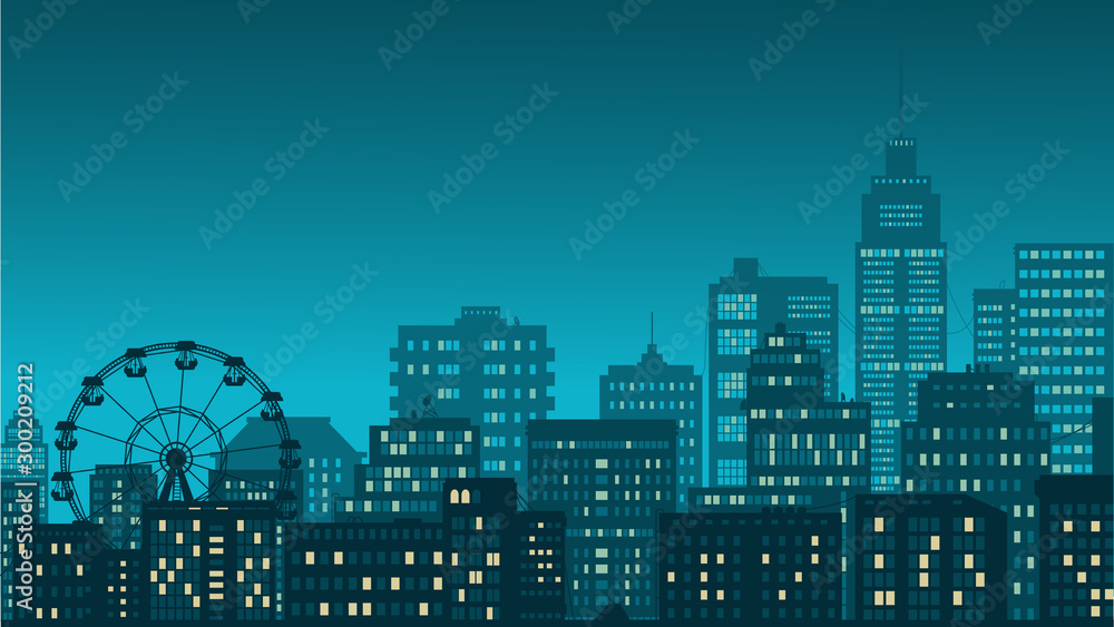 street panorama view landscape silhouette  cityscape in black dark contour color , ferris wheel skyscraper buildings houses , vector horizontal bottom banner